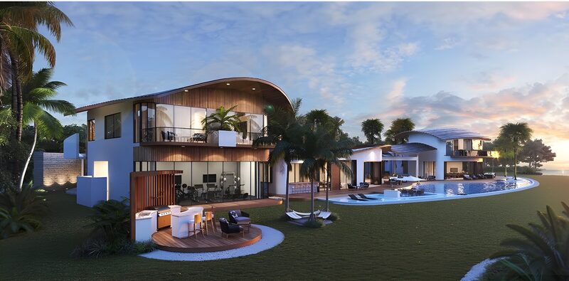 Fachada, terraza con barbacoa y piscina al atardecer (recreación)